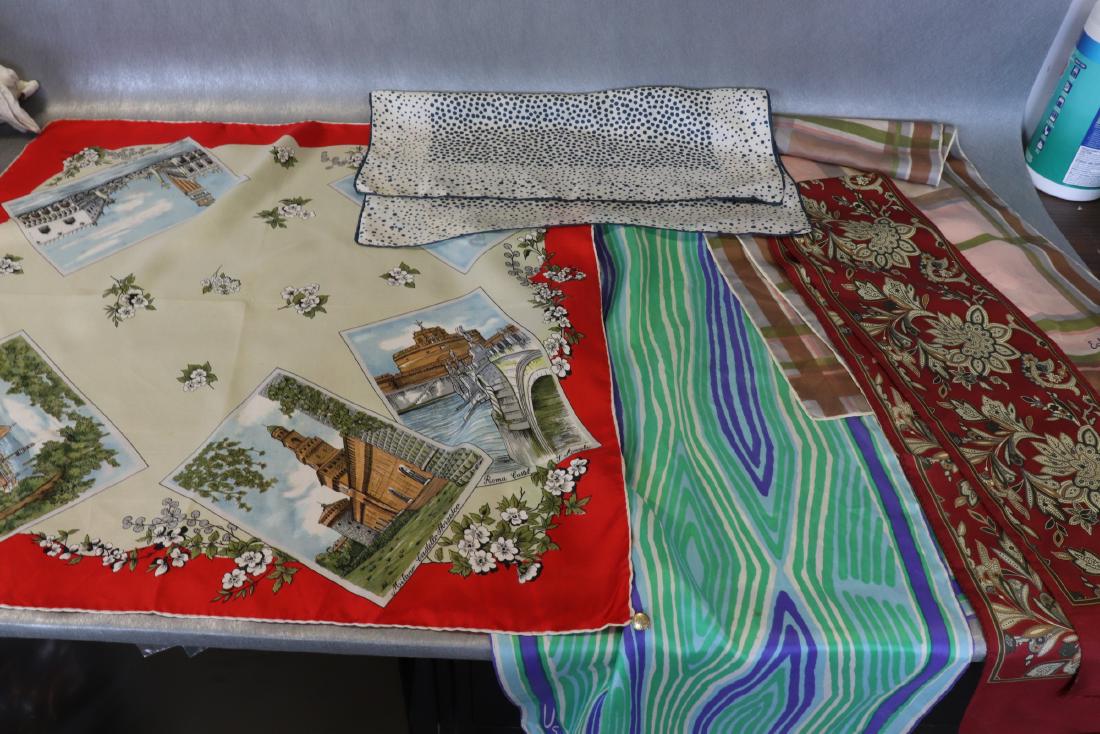 Lot of 5 Vintage Silk Scarves, Vera, Echo, Others: Tan Echo scarf 45 x 15, light soil. Maroon 7 x 45, good condition. Vera green & blue 14 x 44-light soil. Ashear white with blue dot scarves, 18x18, light soil. Seta Pura Italian souvenir scarf, 25 x 2