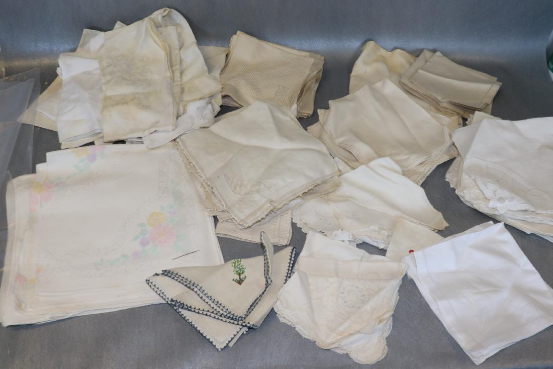 Large Lot Vintage Linens, Napkins: Embroidered, drawn-thread work, cut-work. Scattered soil, see photos.