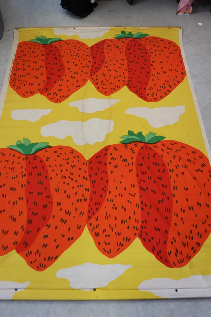 1971 Maija Isola "Mansikkavuoret" Marimekko Fabric: Dy Suomi Finland 1971,Strawberry wall hanging fabric, approx. 80 inches tall x 56 wide, some water spots