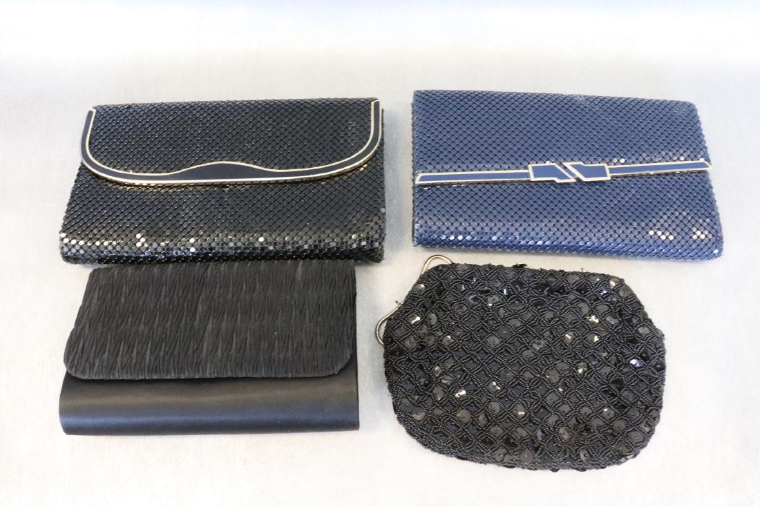 Lot of 1950's-60's Beaded and Mesh Purses: Black beaded bag was made in Hong Kong, light soil inside. Textured satin bag (China), 2-mesh bags, black & blue, (China). All in good condition.