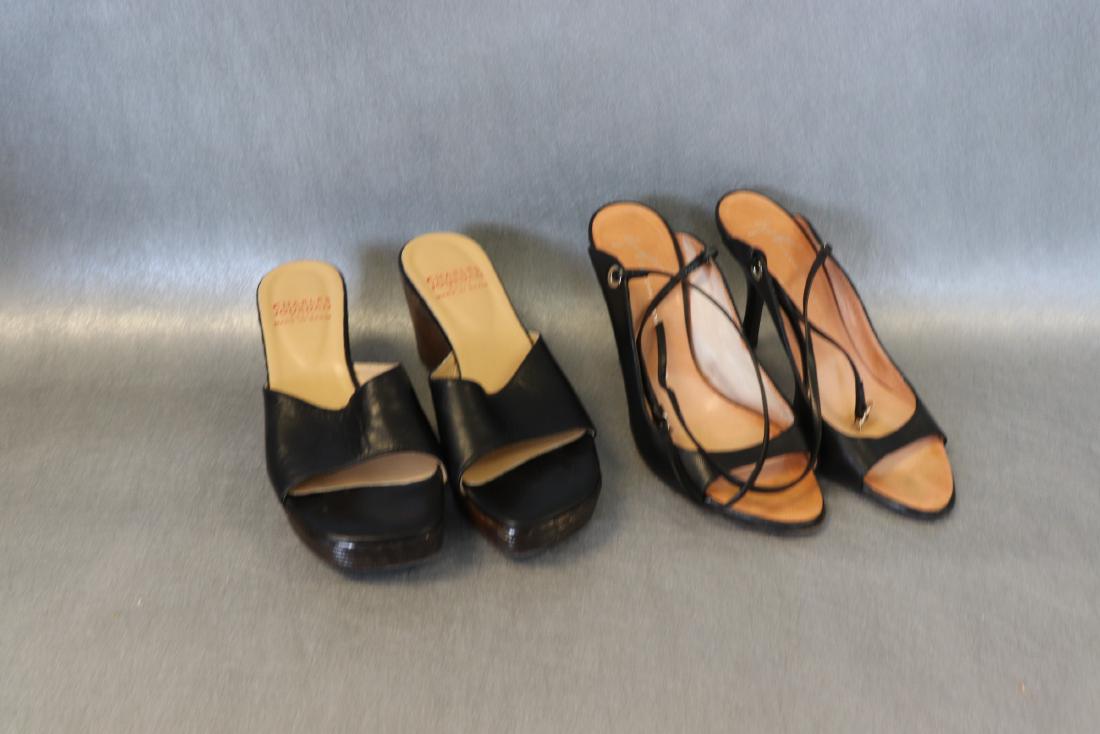 Lot of 2 Pair Dress Sandals, Made in Italy, Spain: Both approx. size 5 1/2. Black leather slide, made in Spain, 3" heel, square toe, good condition. Giuseppe Zanotti design black leather with 3 1/2" heel, little wear, see photos.