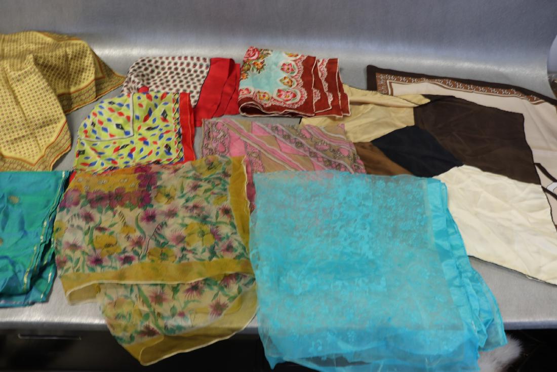 Lot Vintage Silk Scarves Ashear, Burmel, Italy, Liberty: All approx. 19 x 19", some have tags, all but one are silk, one polyester.