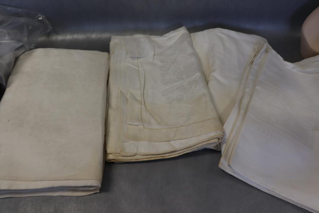 Lot of 4 Vintage Damask Irish Linen Tablecloths: 172" x 68" with two "D" monograms in center. 78x 68", 84x70", 86x70". All have light soil.