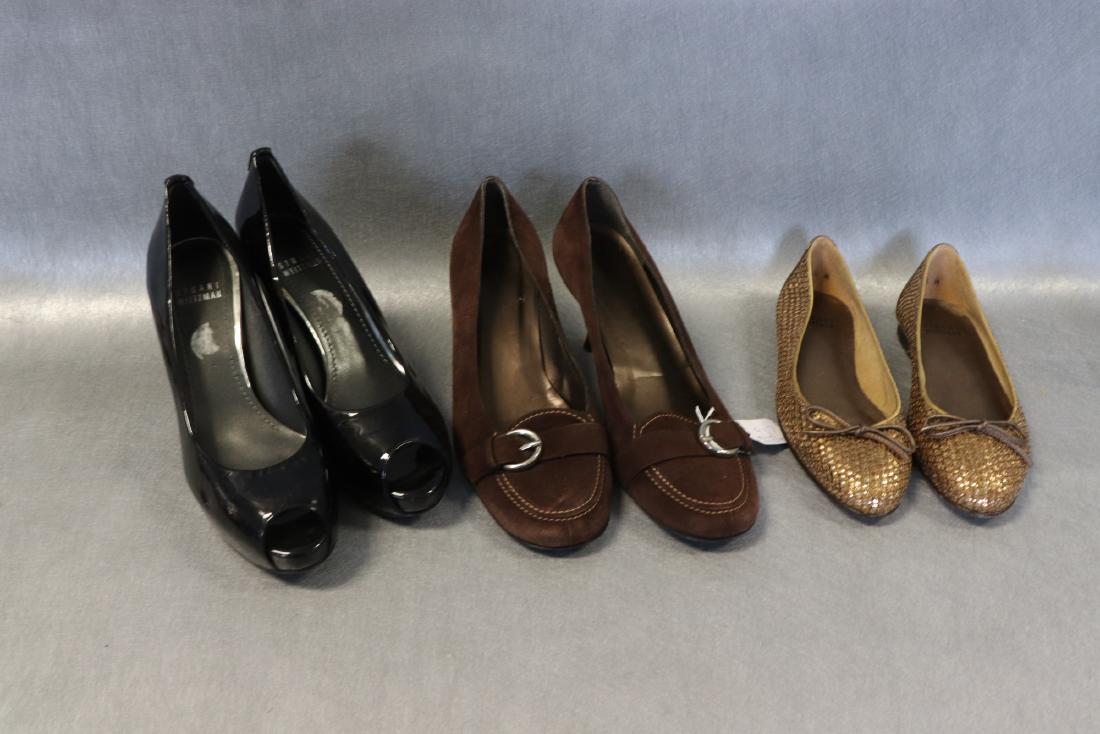 Lot of 3 Pair Stuart Weitzman Heels, Flats: All are made in Spain. Brown suede uppers, size 7 1/2, heel is 2" light wear. Gold sequin flats, 1/4" heel, leather sole, size 4 1/2, no wear. Black patent leather open toe heels, size 7, heel is 3 1/