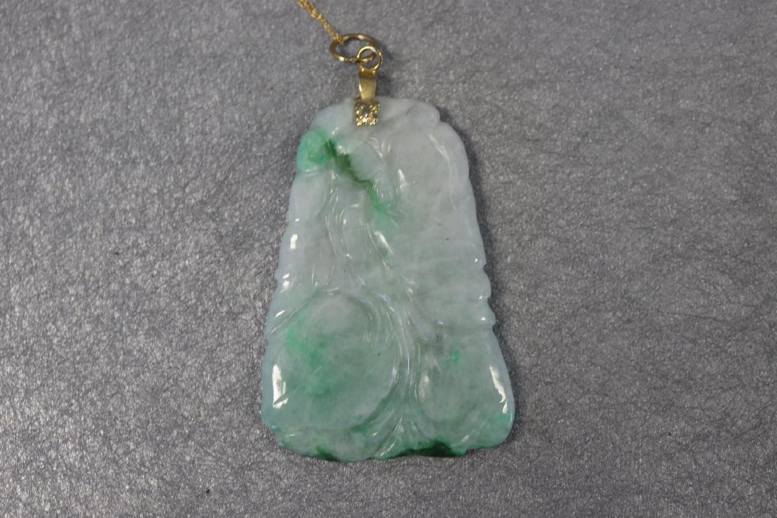 14k Vintage Apple Green Jade Necklace: Carved on both sides, 14k mount and chain, pendant approx. 2" long, great condition.