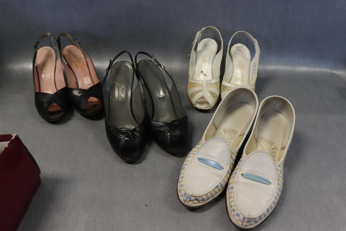 Lot of Vintage 1950/60's Shoes: Includes 'Garolini' pumps open toe sandal, size 9, light wear 3" heel. 'Soft Toe Footwear' black opened toe sandal, size 9,light wear, 3" heel. 'Serenades by Florsheim' white open toe sandal, size 9, 