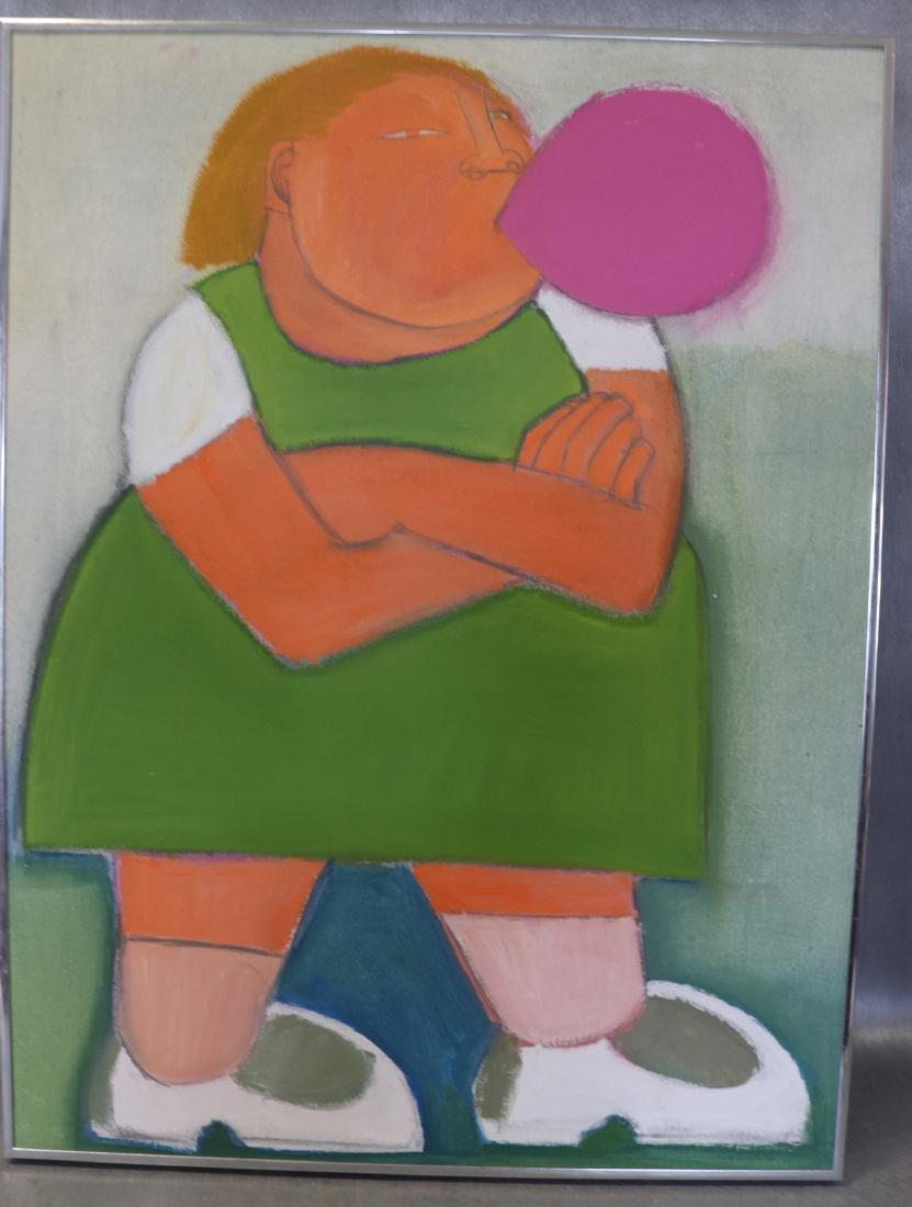 Brutalist Painting, Bubble Gum Girl: Oil on canvas painting with girl in green jumper blowing bubblegum bubble. Measures approx. 32 by 24 1/2 inches in frame. Signature illegible.
