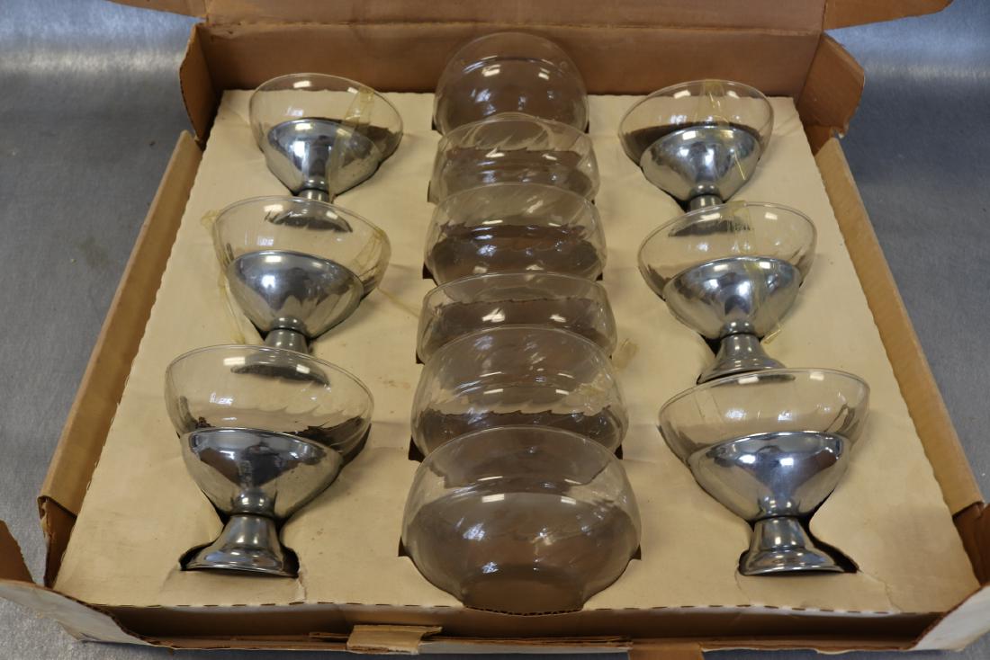 1950's Old Store Stock Hellerware, Cocktail Icer Set: 6 chromium stands and 12 crystal bowls in original box