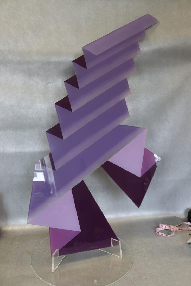 1968 Lucite Painted Art by Judith Gerber: Judith Gerber a mid-century artist that traveled and did shows in New York, "Maneuver 2" with stand, 3 dimensional look, approx. 21 x 40 inches
