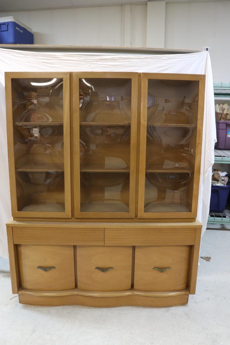 Mid-Century Blonde Mahogany China Cabinet: Bubble Glass front, serpentine cabinet doors, and draws on bottom, great condition, approx. 54 inches wide, 15 deep and 64 1/2 tall
