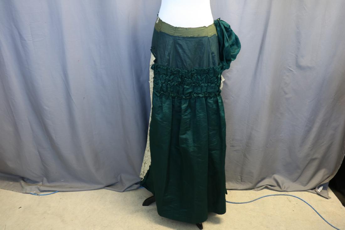 Antique 19thc Green Silk Faille Skirt, Deconstructed: Heavily pleated in back, ruched in front French lace detail, about 24 waist, 42 long.