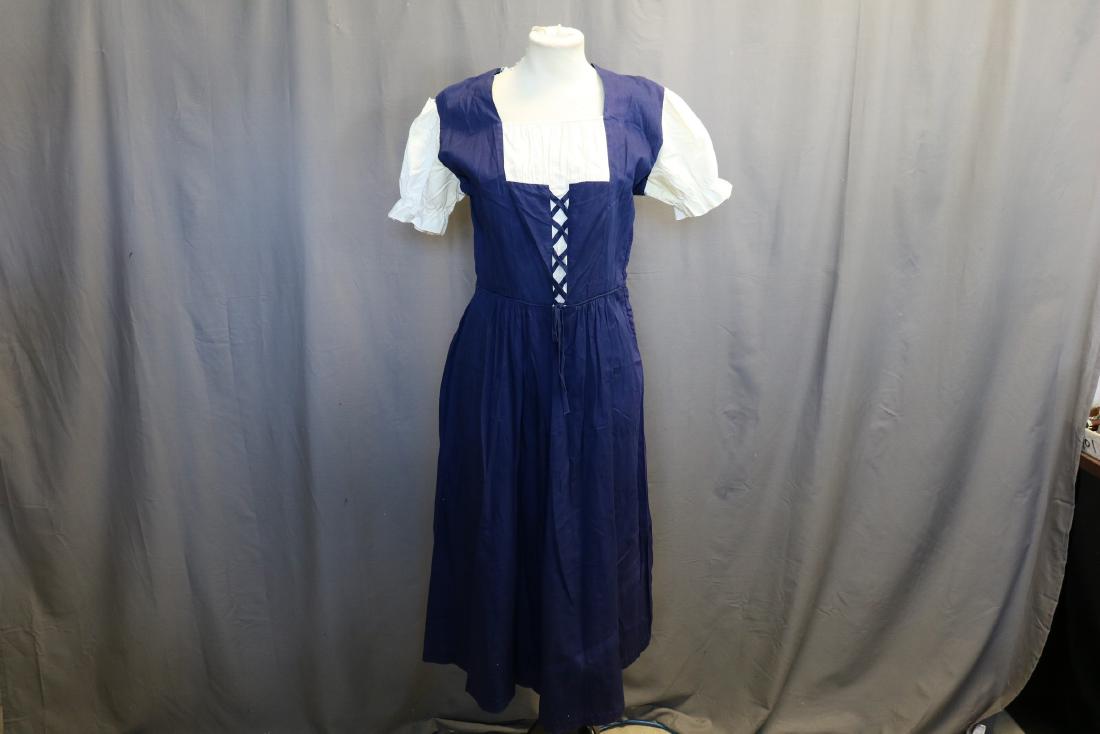 Vintage 1950's Cotton Dutch Style Dress: square neck with gathered white insert and corset style tied front, short white pouf sleeves, sits at waist with gathered skirt, side zipper, approx. 40 bust, 28 waist, some under arm staining and sma
