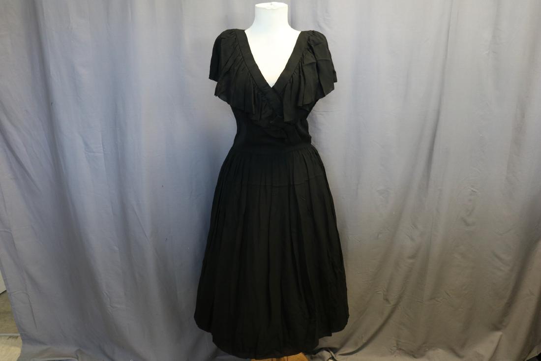 1950's Suzy Perrette, Black Chiffon Pouf Dress: Sleeveless with attached Shawl Collar, Criss Cross front with bow, sits at waist with full gathered skirt, back zipper, nice condition, approx. 38 bust, 28 waist