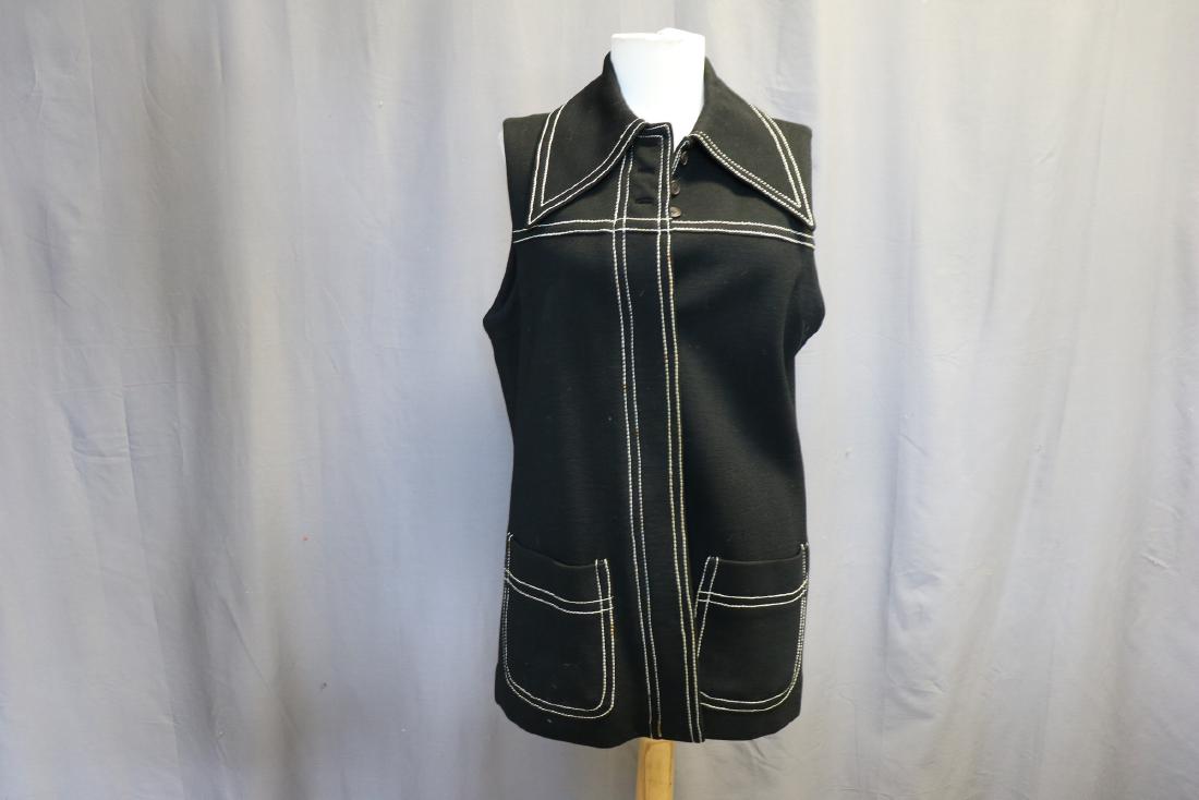 1970's R. H. Stearns Black Wool Vest: made in Hong Kong, 100% Zepher Wool, large collar, button front, large applied lower pockets, accented with white stitching, some stains, see photo's, approx. 38 bust