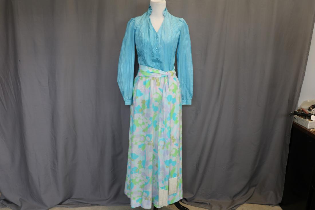 Vintage 1970's 'Topson Downs' Blouse, Pastel Maxi Skirt: Light-weight tricot velour skirt, zipper and hook & eye, approx. 28 waist, 40 long. Hem repair needed on skirt. Blouse 34 bust, 30 waist, 17 long.