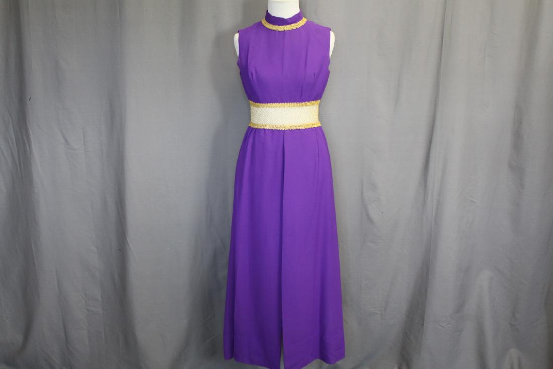 1960's Purple Crepe Maxi Dress & Pants: Metallic braid and netting at waist, braid at neckline, gathers at waist, back metal zipper, size 9, approx. 34 bust, 26 waist, pants are approx. 26 waist, 2 1/2" inseam. Both in good condition.