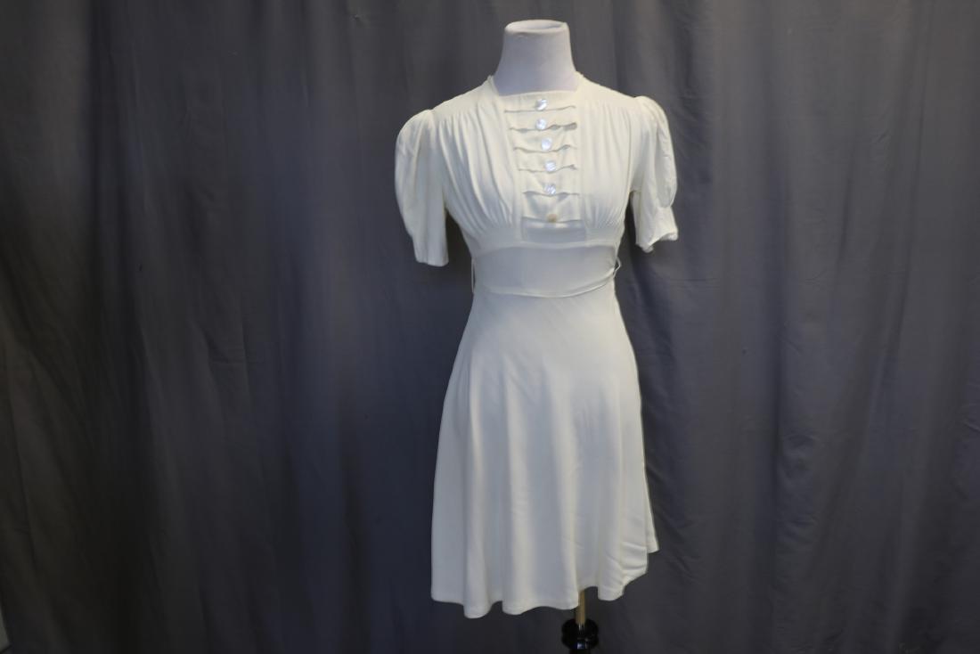 1940's Summer White Crepe Dress w Buttons (1 of 6)
