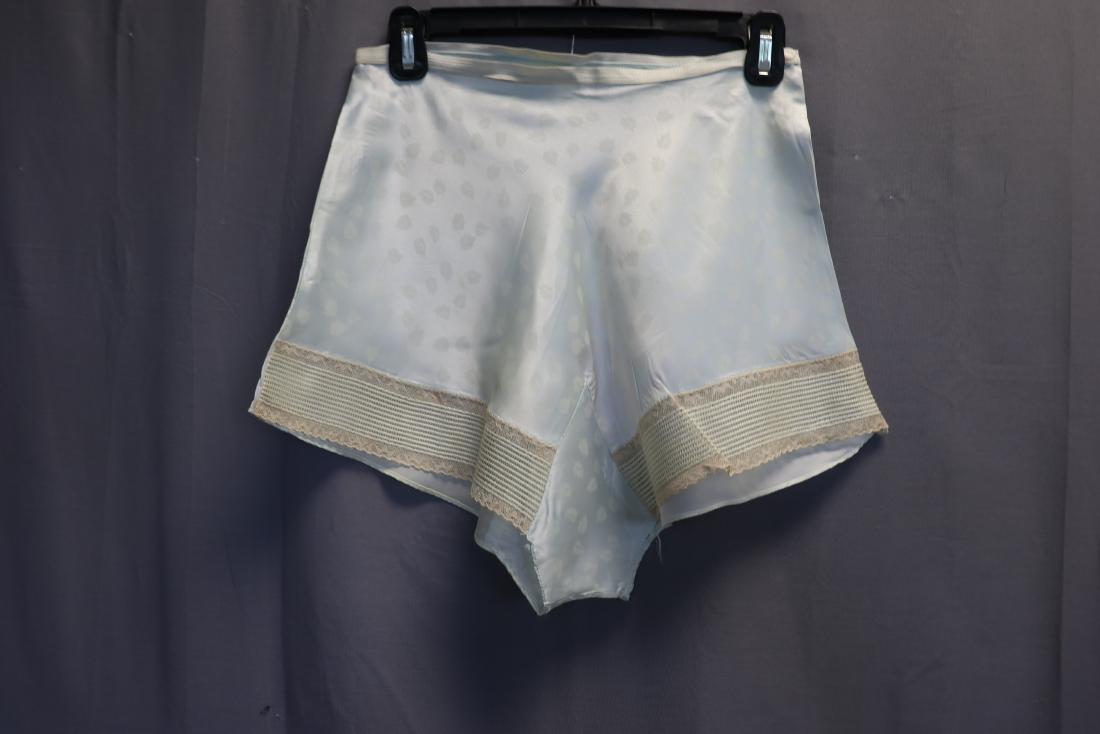 1930 Vintage Satin Tap Pants with Lace Inserts: Embossed leaf design satin fabric, side button, approx. 26 waist, 38 hip, soil spot on front and on back, see photos.