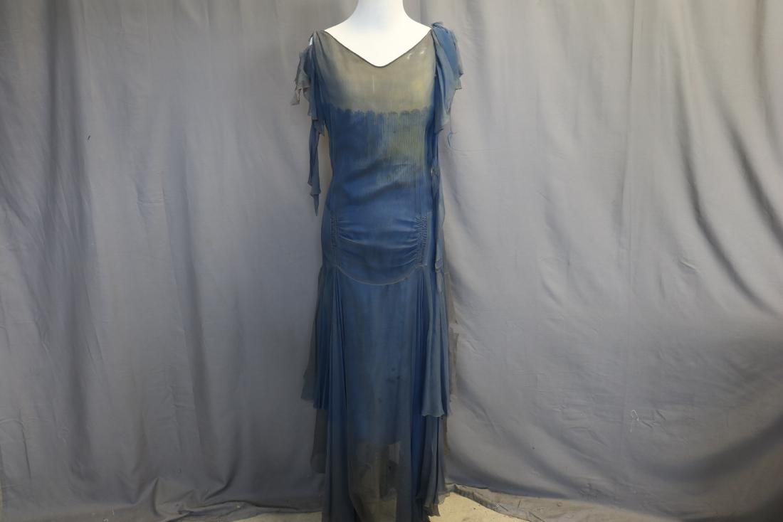 1930's Vintage Silk Chiffon Evening Dress: Silk slip-dress under chiffon, ruching detail in front, approx. 38 bust, 36 waist, irregular cut hem. Some fading, rips, soil, see photos.