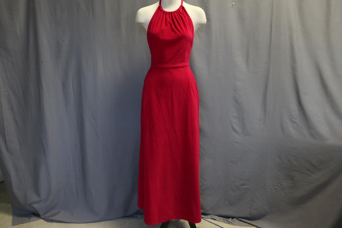 Red Knit Halter Maxi Dress: Soft brushed knit halter maxi dress, back zipper, self fabric drawstring cord around neckline, approx. 30 bust, 22 waist, 54 long.