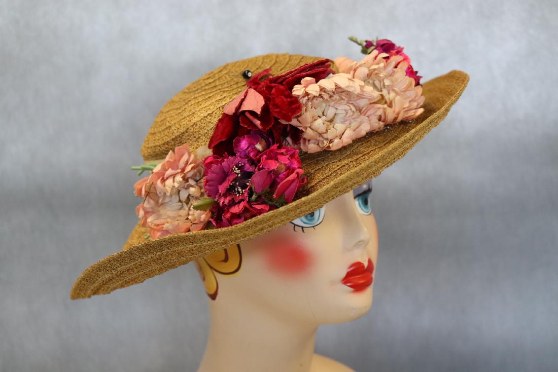 1930's Wide Brim Straw Hat with Silk Flowers (1 of 5)