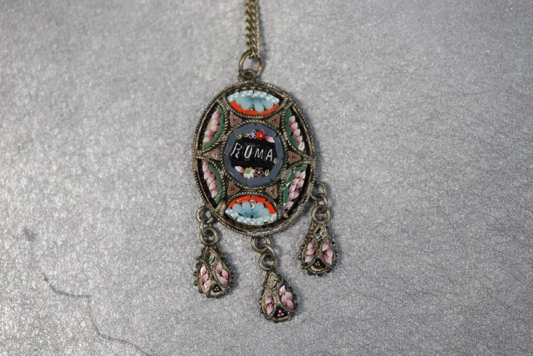 Antique Micro Mosaic Oval Pendant Roma Necklace: Boho style micro mosaic souvenir necklace marked roma, with brass toned chain and 3 tassel mosaics tear drops approx. 2 inch pendant and 20 inch chain