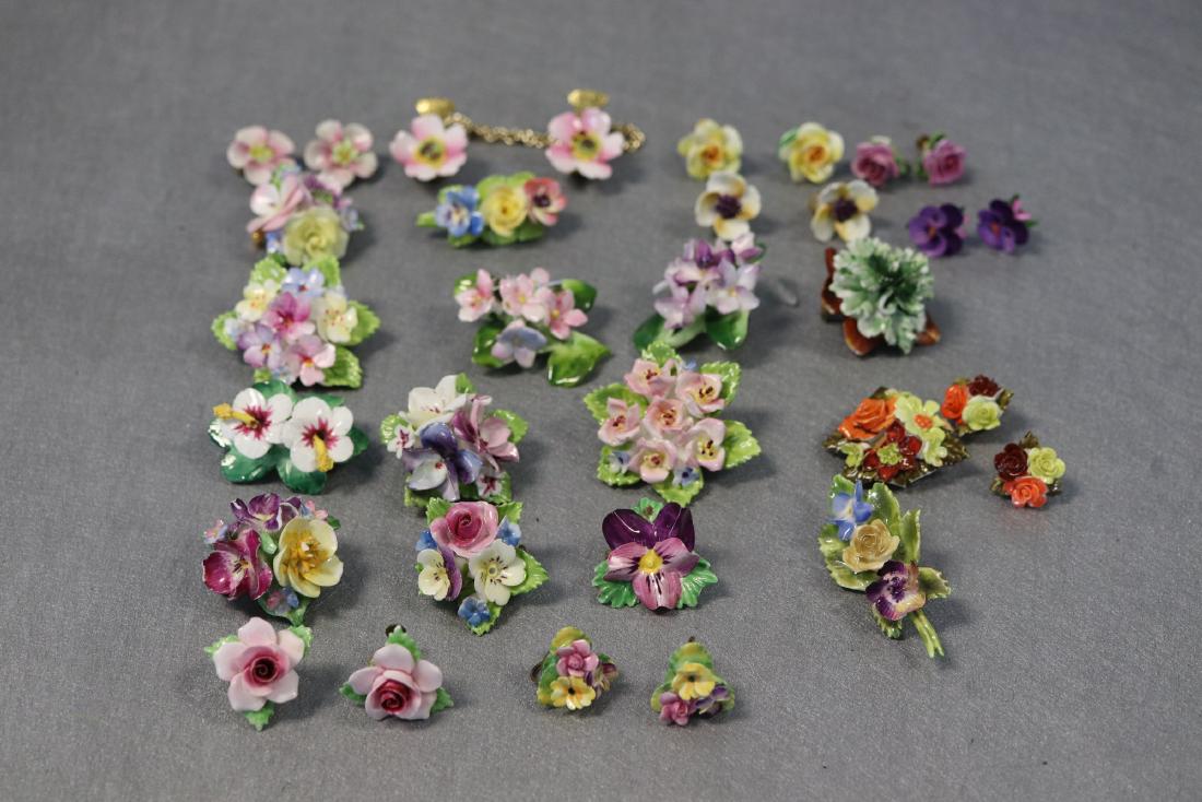 Large Lot of English Bone China Jewelry: 14 Brooches, 1 Sweater Clip, 8 pair of earrings, some are chipped