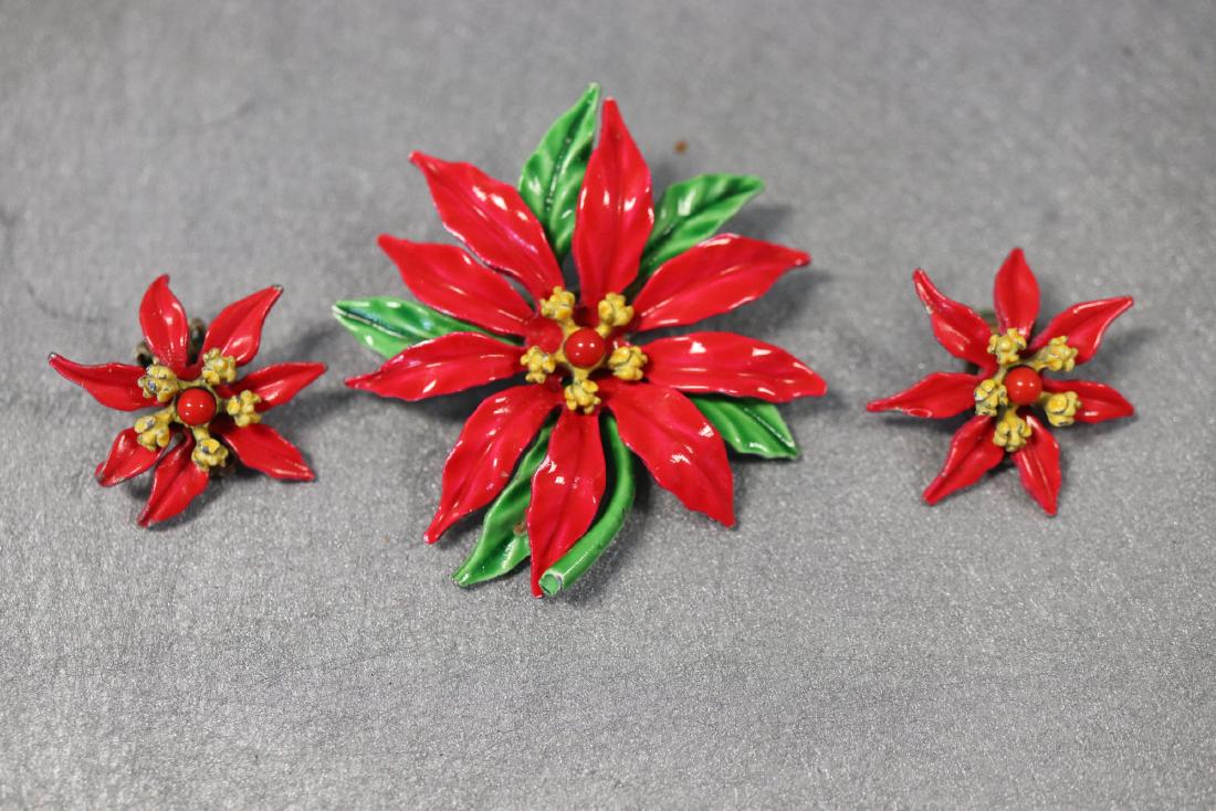 Vintage Enamel Pointsettia Brooch & Earring Set (1 of 5)