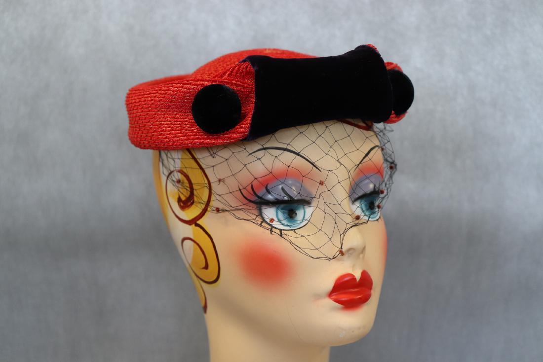 Vintage Cherry & Webb Red Raffia Bumper Hat: Netting, velvet bumper and pom-poms, approx. 21" around.