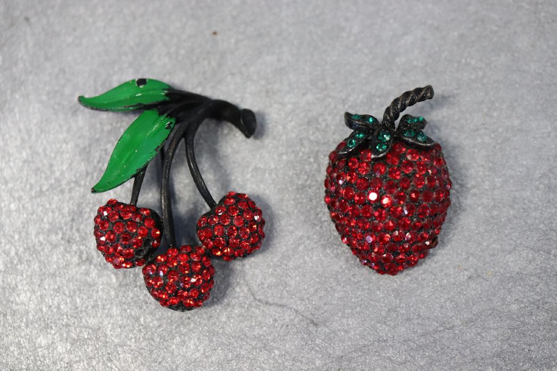 Vintage "JJ' and Weiss Berry Brooch Pins: Cherry bunch is marked JJ, approx. 1 1/4" long. Strawberry is marked Weiss, 1 1/4" long. Both in great condition.
