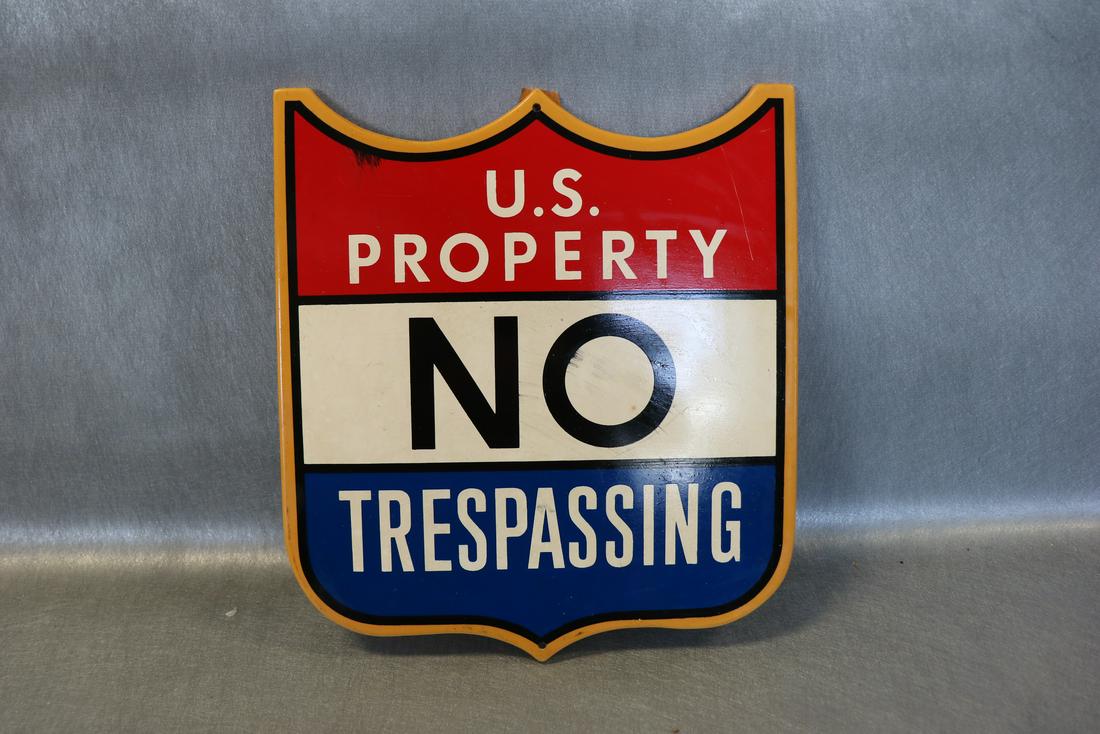 Vintage "No Trespassing" Sign: Nail holes for hanging at top and bottom, approx. 11 x 10 1/2". Constructed of hard poly/plastic material.