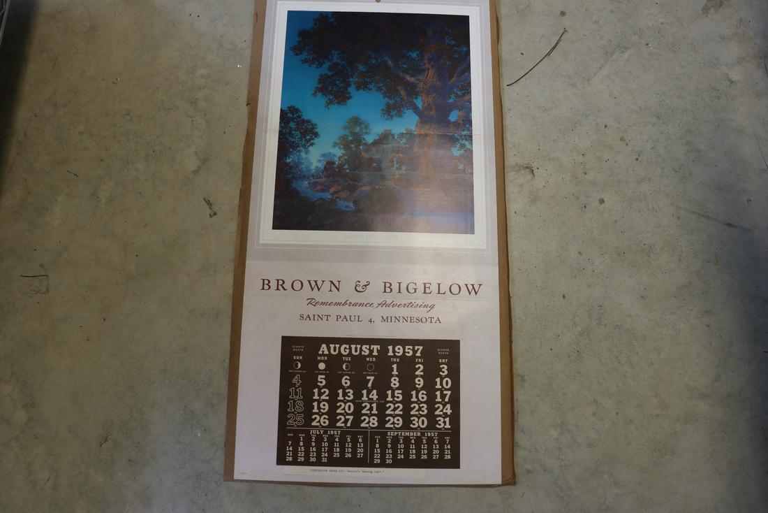 1957 Maxfield Parrish "Morning Light" Calendar: Calendar print image alone is 16 x 12 7/8", whole piece is 15 3/4 x 33", crease across the Maxfield Parrish print. Includes the distribution letter that was sent out with calendar in 1957.