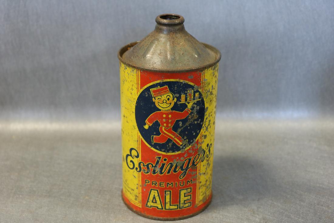 Vintage 1938 Cone Top Esslinger's Beer Can: 4" across, 7 1/2" tall, some damage, wear, see photos.