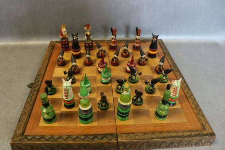 Vintage Wood Chess set with Hand Painted Pieces: inlay chess board case with Whimsical carved hand painted pieces