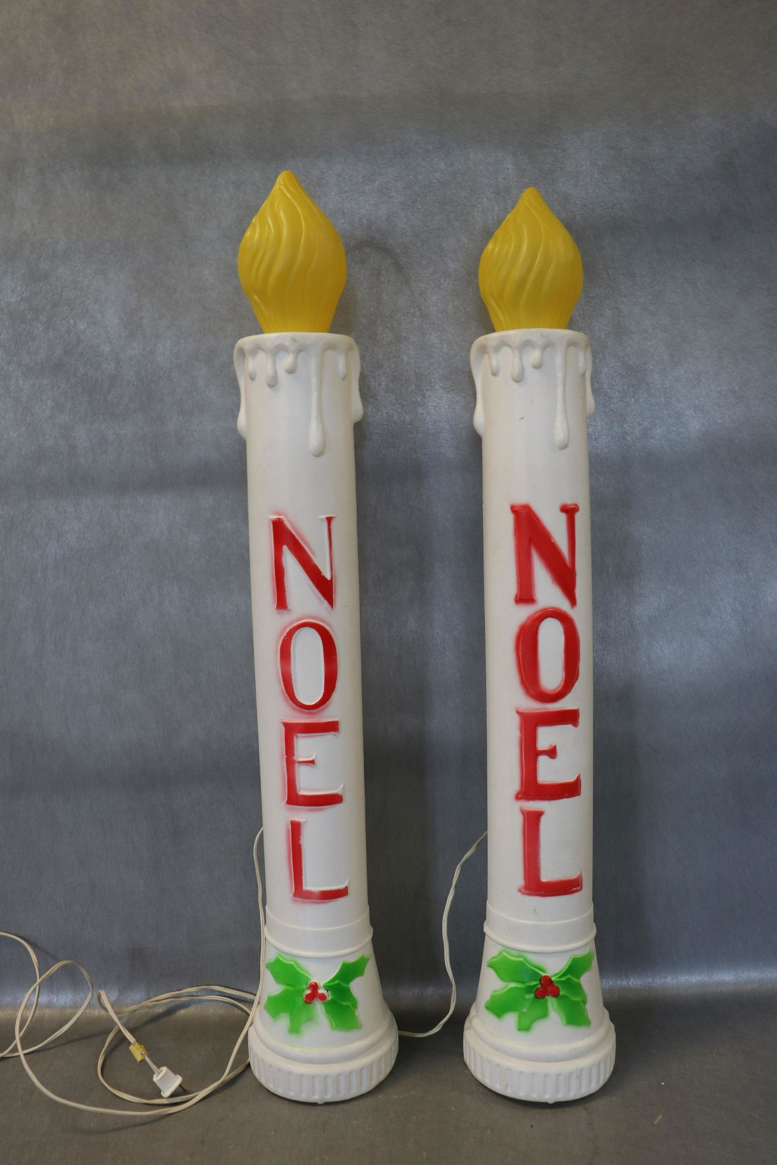 Pair Vintage Plastic Blow Mold Christmas Lights: UNION Noel candle sticks, approx. 36" tall
