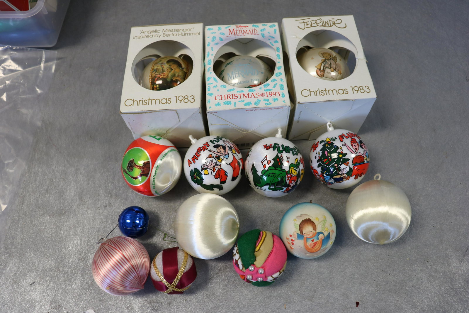 Lot of Vintage Christmas Ornaments: Flint Stones, ET, Little Mermaid, others. Some Satin