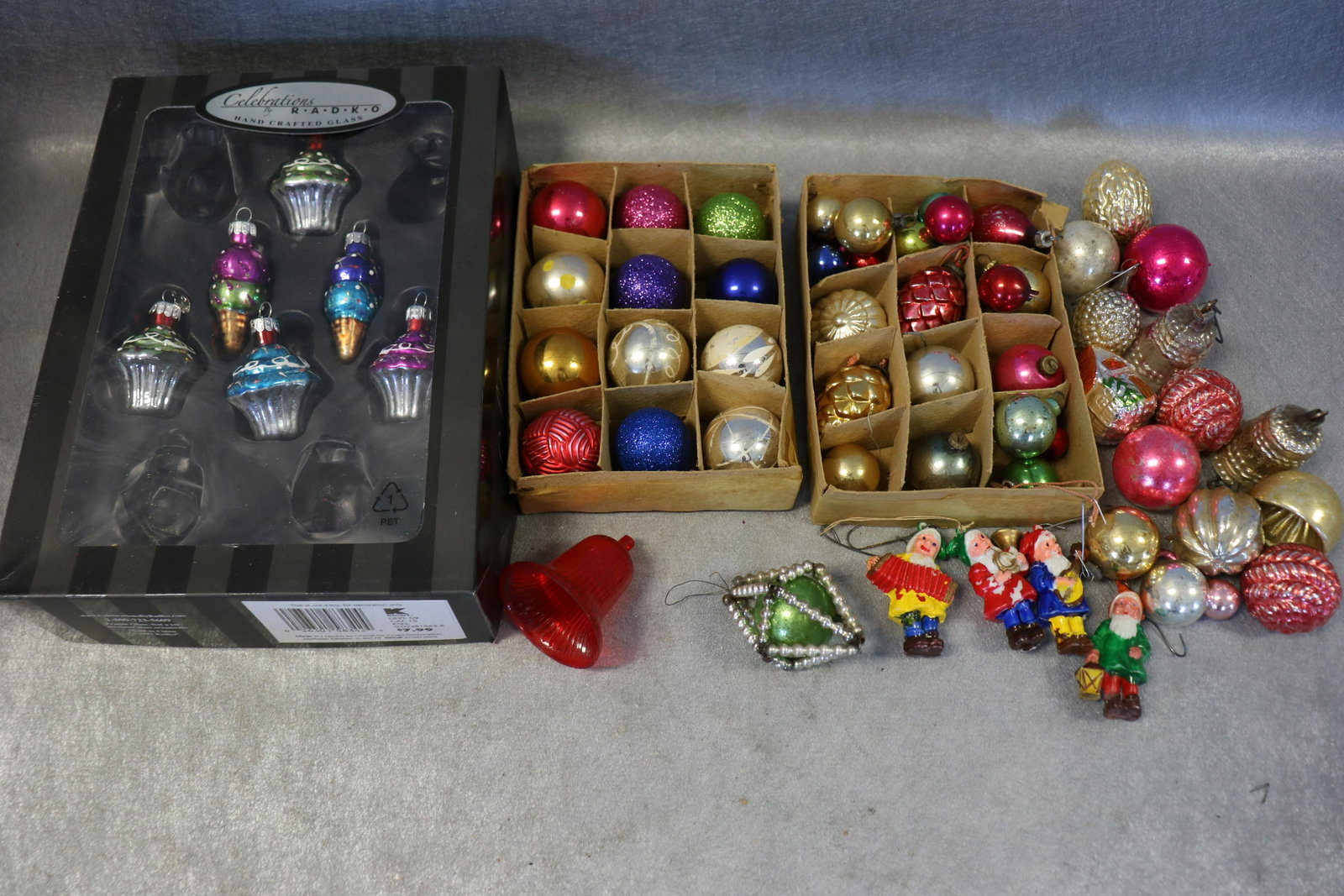 Lot Antique & Vintage Christmas Tree Ornaments: glass ornaments many different shapes, some plastic elves, See photos for condition.