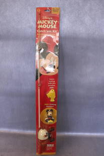 Vintage Disney Zebco Mickey Mouse Fishing Rod Kit: Reel-Rod & Line. Great for teaching fishing skills, in original wrapping, old store stock. Rod is 32" long.