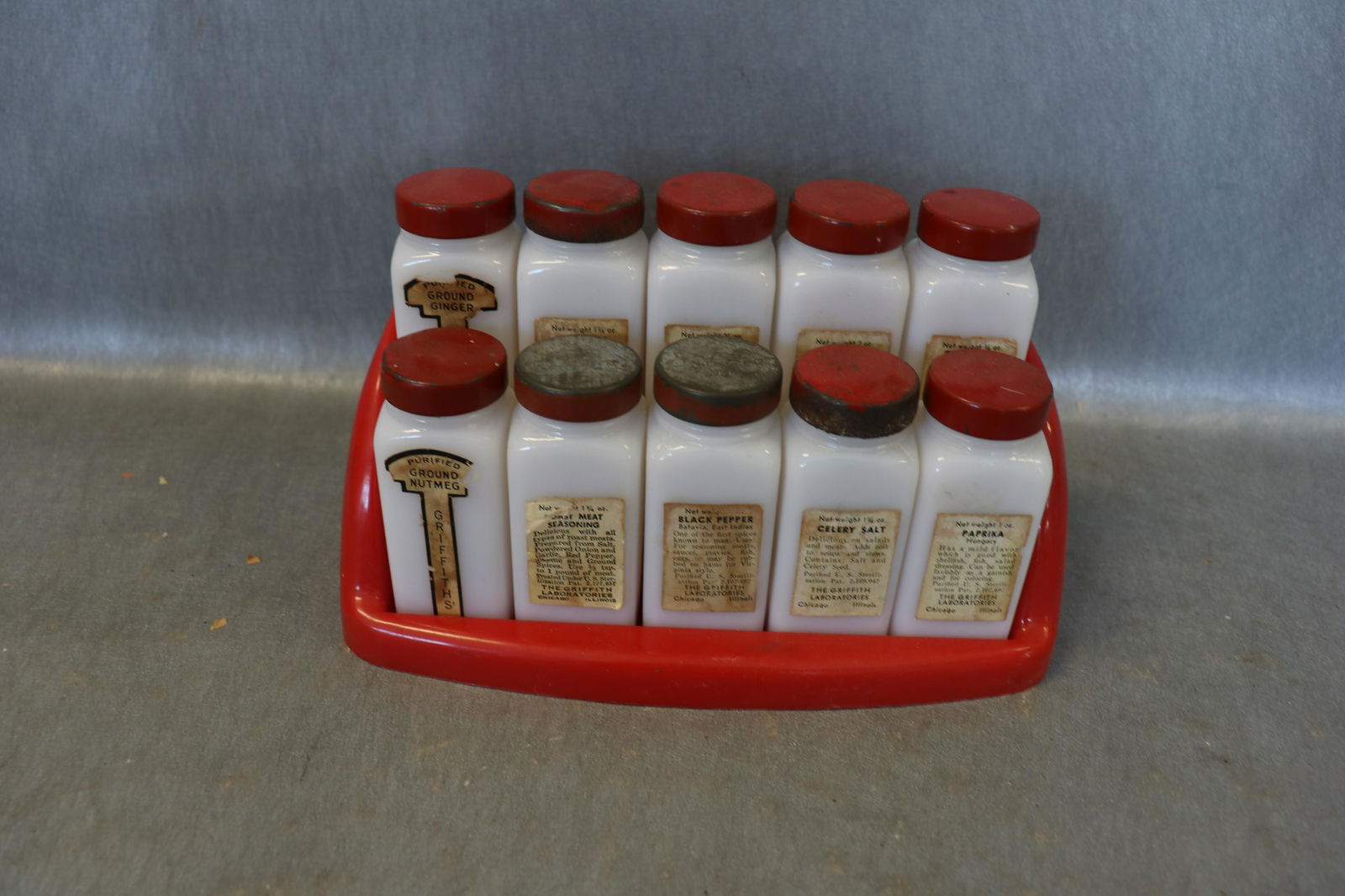 Lot of Antique Milk Glass Spice Bottles & Holder (1 of 3)
