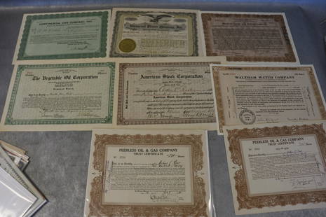 Antique/ Vintage Stock Certificates: The Vegetable Oil Company, Waltham Watch Company and others in good condition some creases