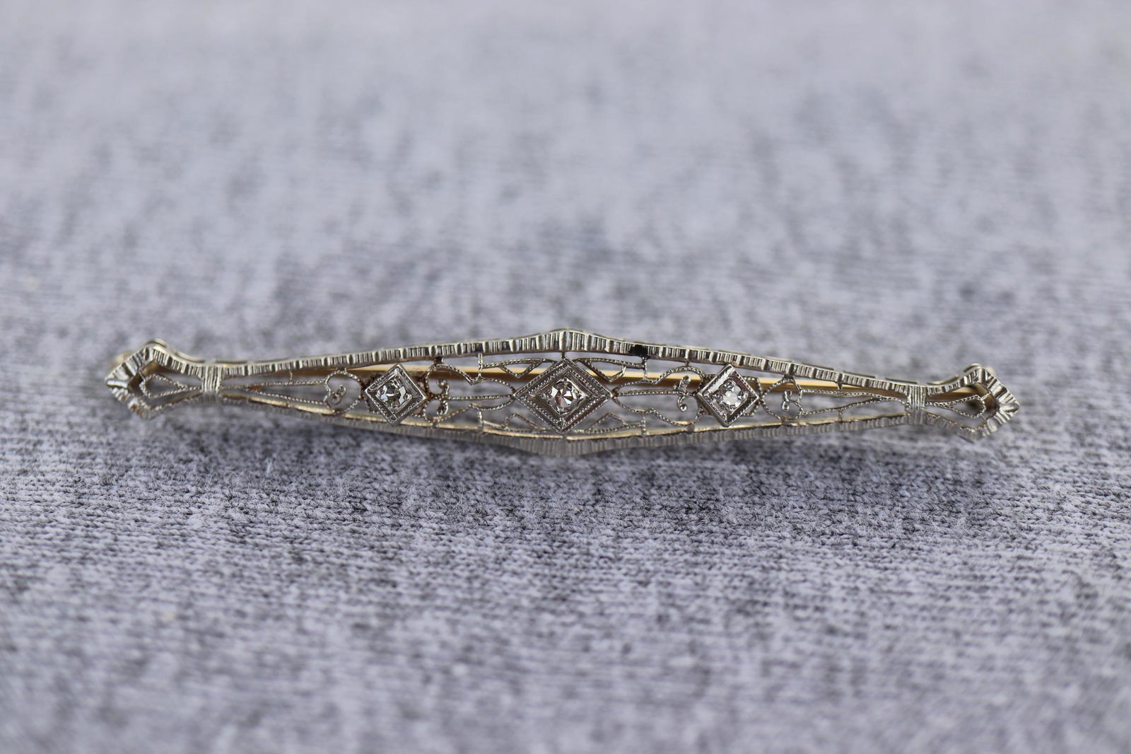 Antique Filigree Pin w 3 Diamonds (1 of 5)