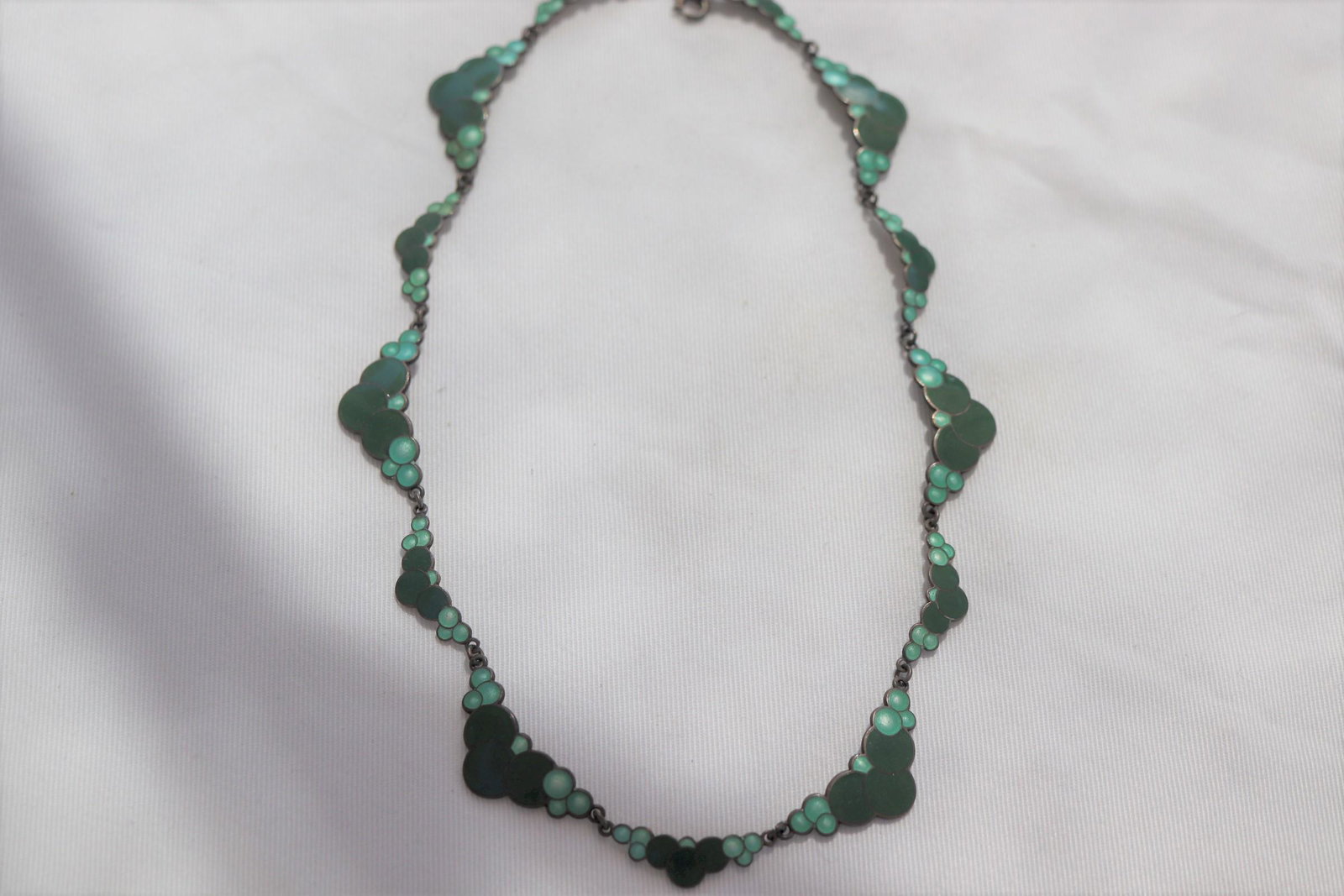 Antique Sterling Green Enameled Necklace: Approx. 16" long. Marked Sterling