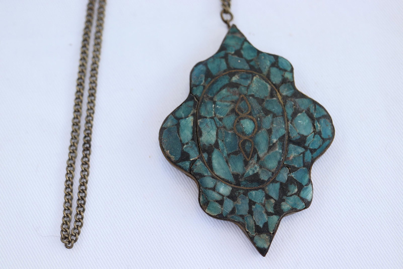 Vintage Brass Green Inlaid Necklace, INDIA: Chain approx. 50" long, pendant approx. 3" long,