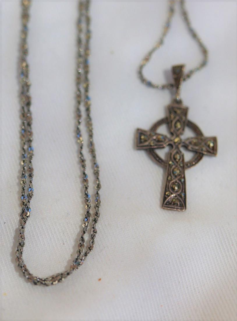 Vintage Sterling & Marcasite Cross Necklace, Ireland: Necklace marked Napier, cross marked Sterling, Ireland