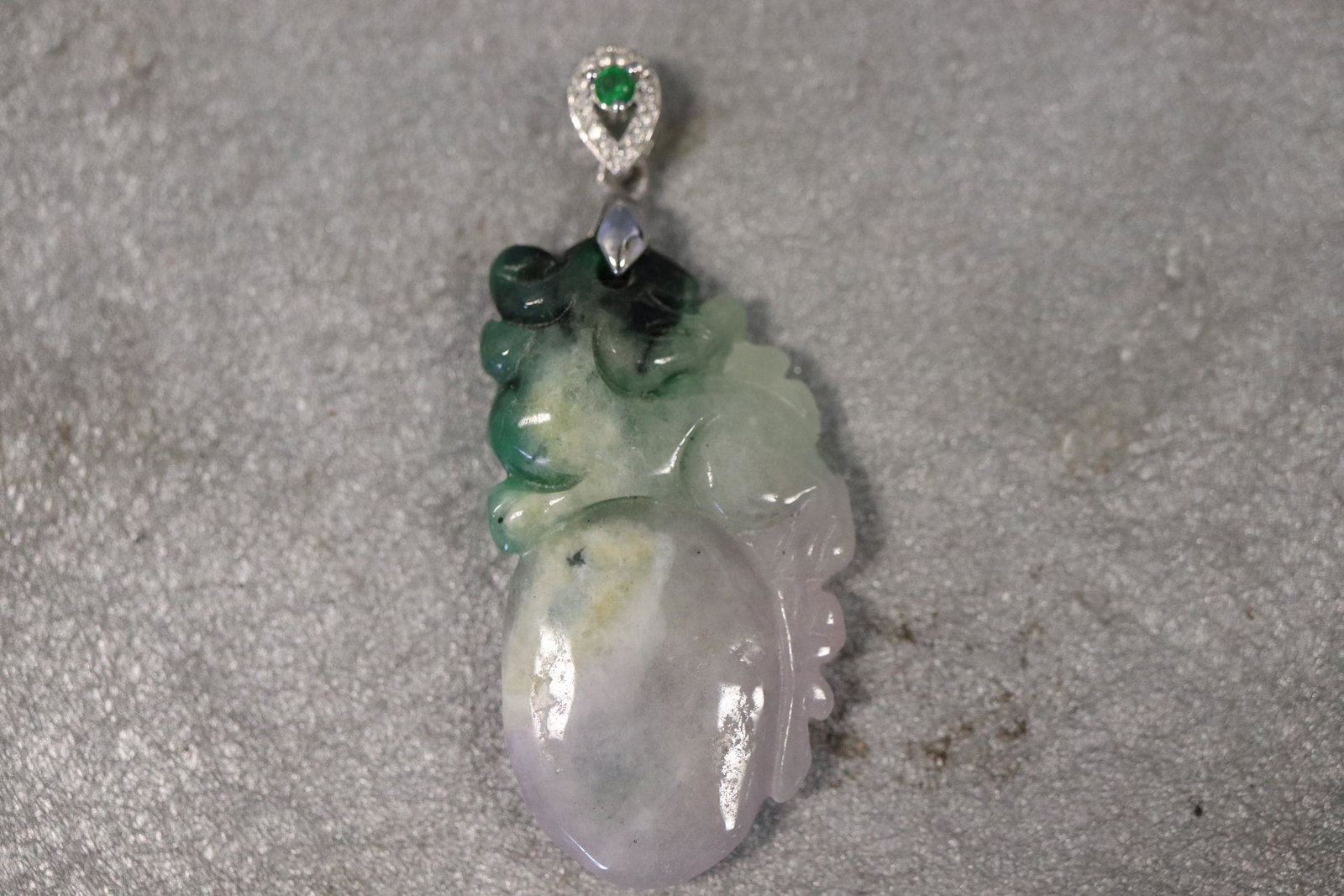 Vintage Hand Carved Purple & Green Jade Necklace: Approx. 1 3/4" long not including top loop.