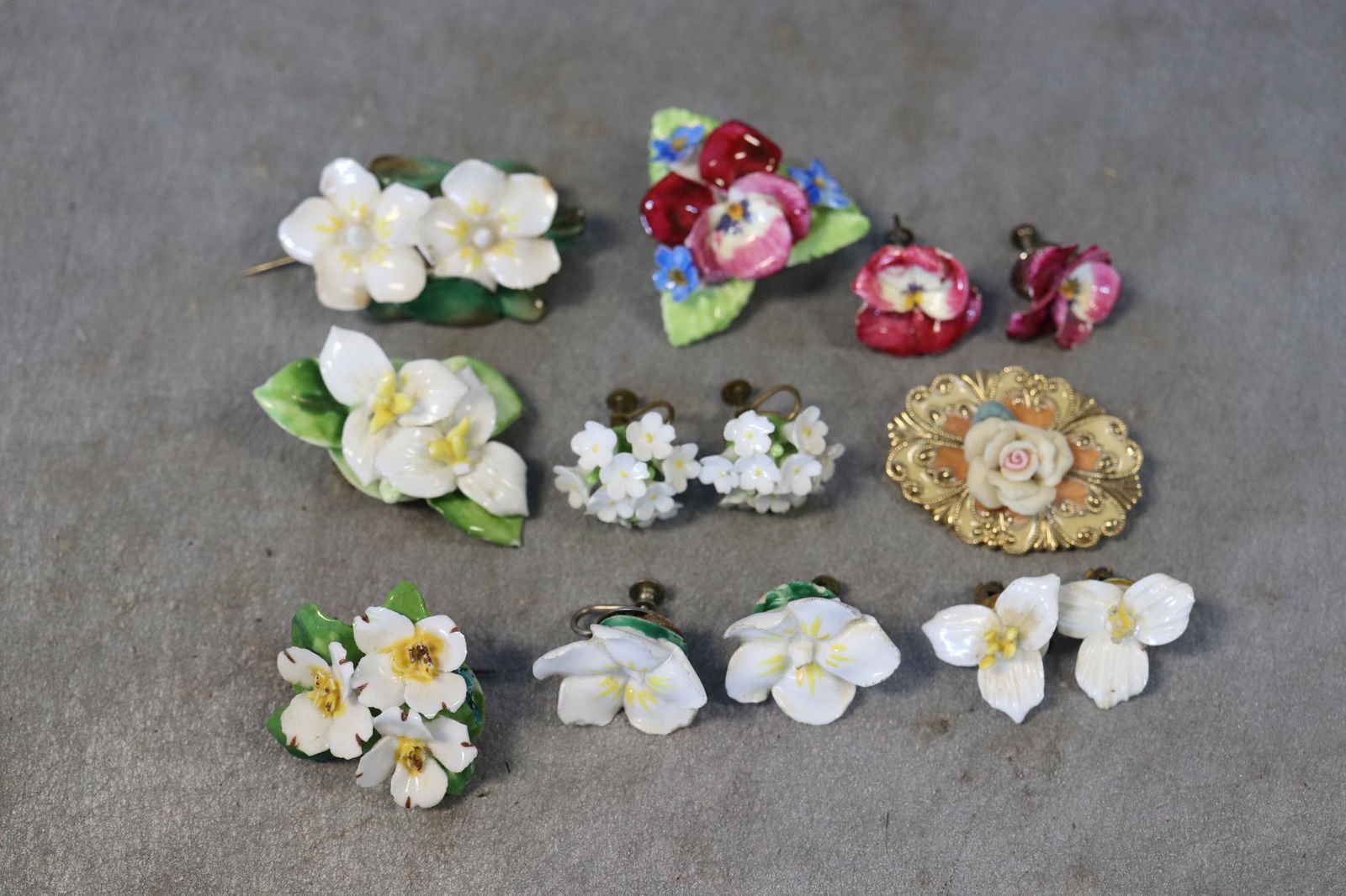 Lot of 3 Bone China Brooch Pin, Earring Sets, 1 Brooch: Marked England, one brooch marked Staffordshire Crown. A few flower/leaf tips broke, included.
