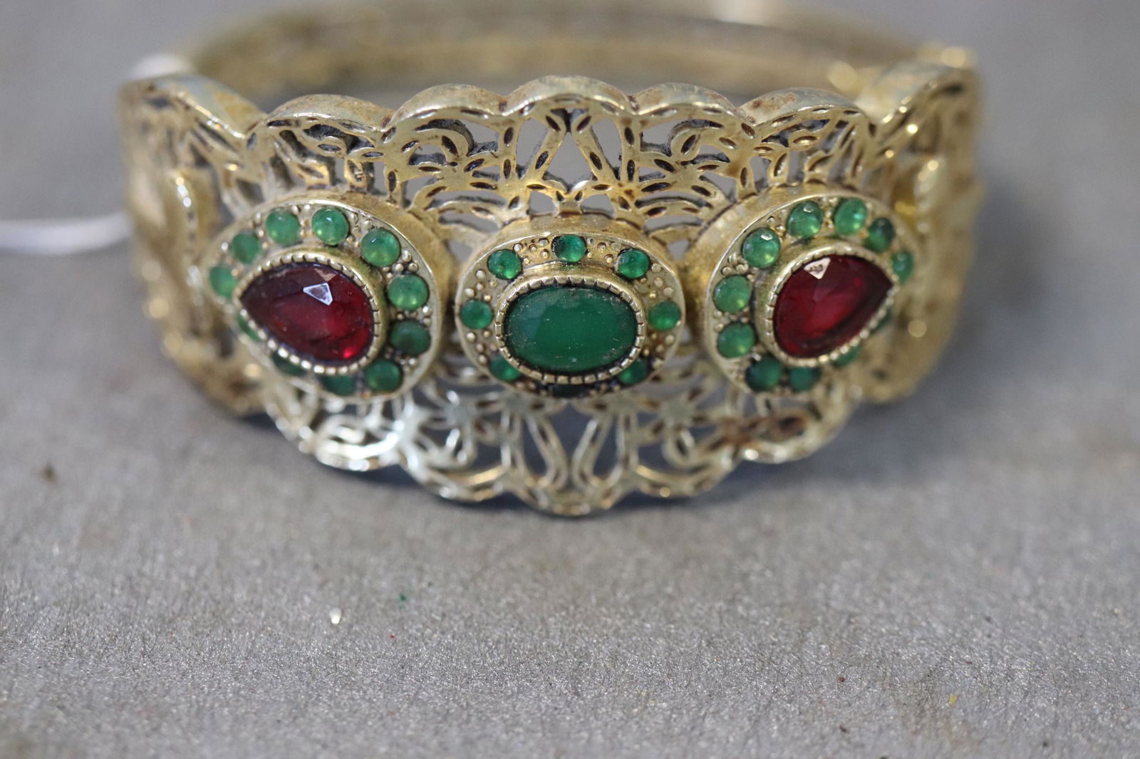 Filigree Cuff Bracelet with Red & Green Stones (1 of 3)