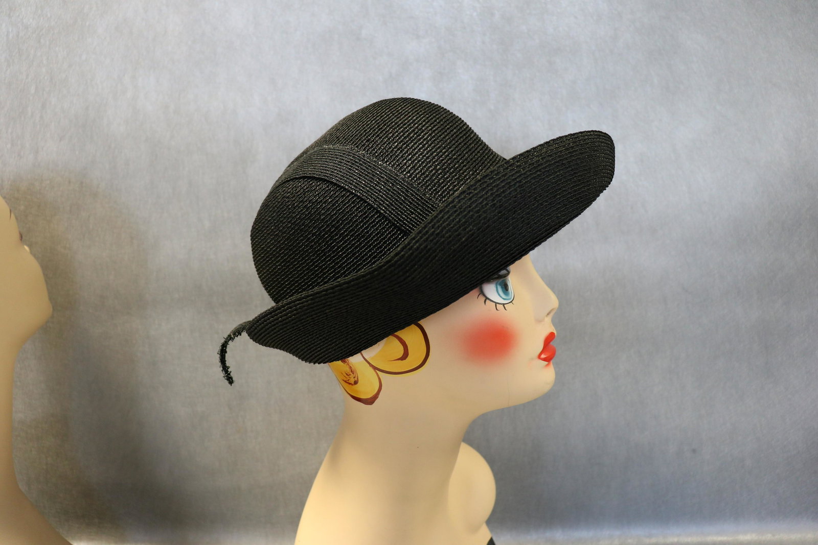 Vintage Adolfo Realities, Paris Black Raffia Hat: Union Made tag under makers tag, approx. 21" around inside, nice condition.