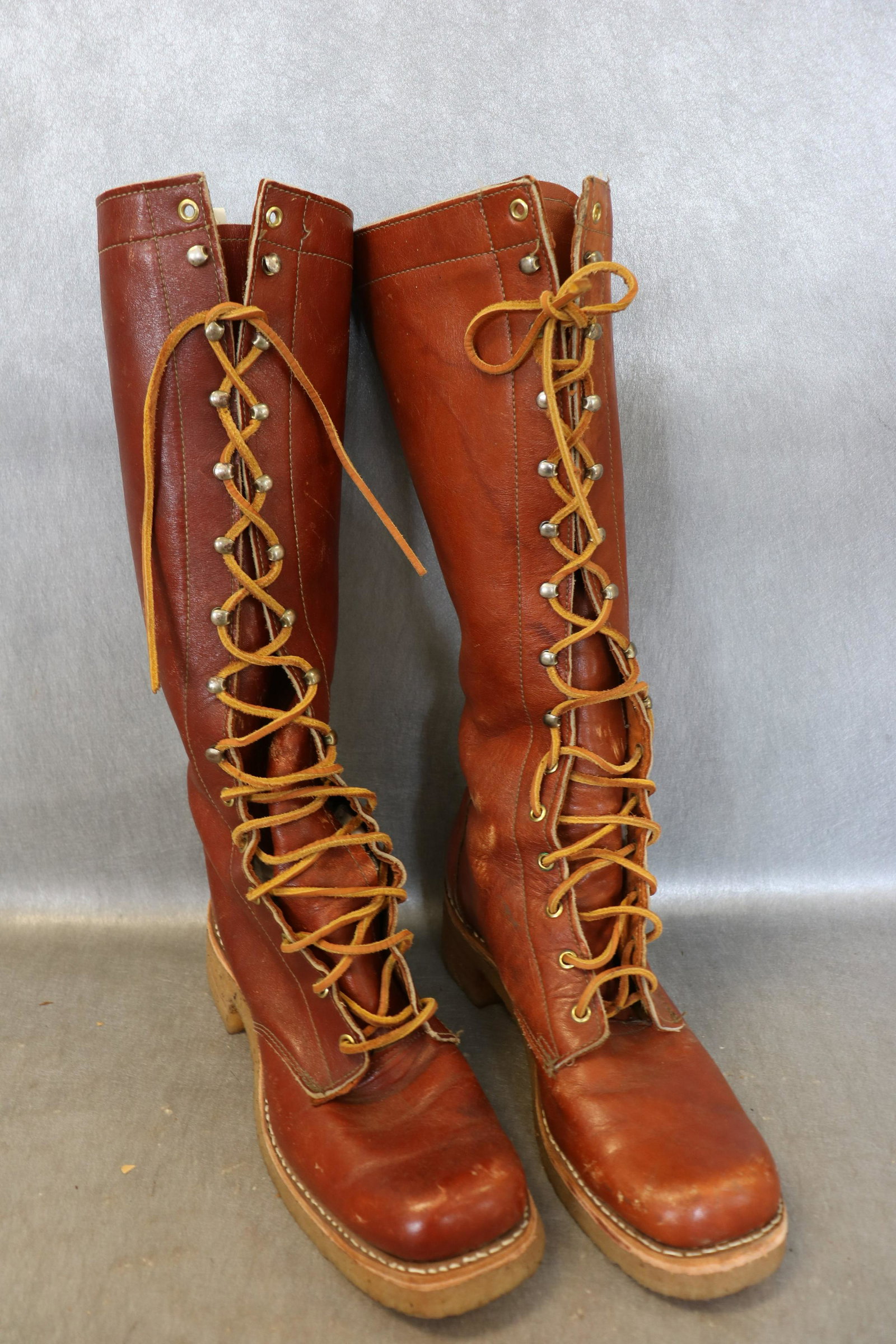 1970's Lace-Up Leather Tall Boots: Marked size 8 1/2, 2" heel, 16" tall, with gum soles, USA. A few light scratches.