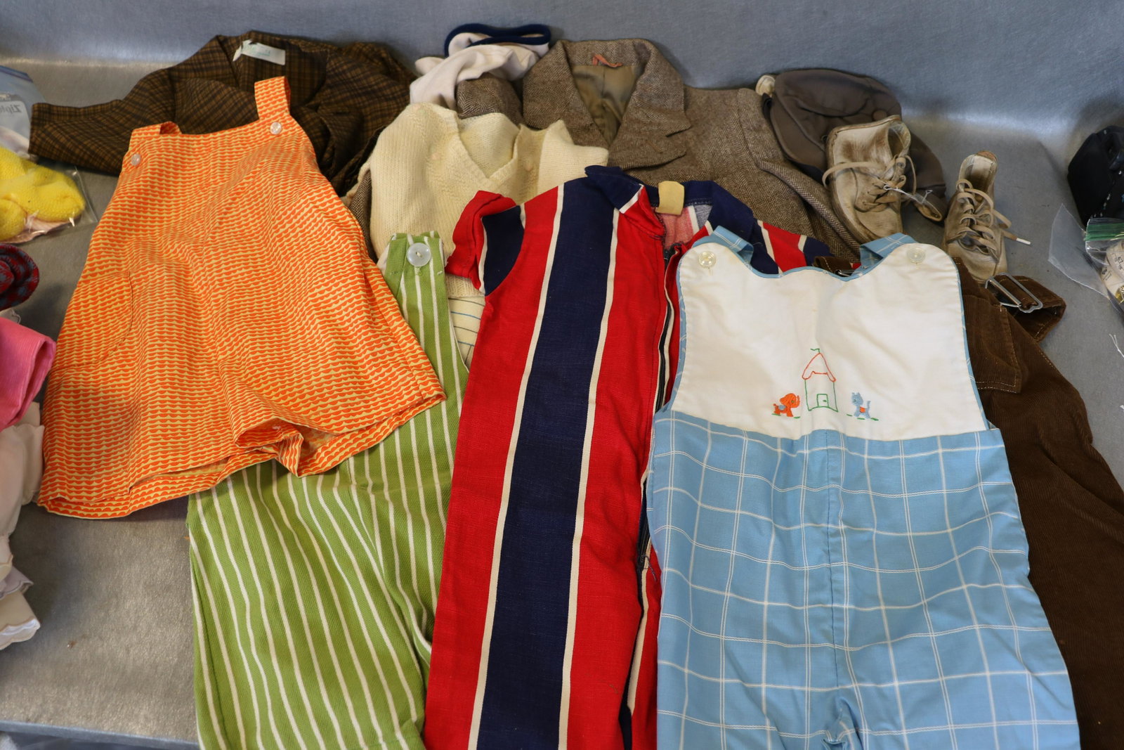 Large Lot Vintage Children's Clothing: Assortment of clothing, shoes, pants, sweaters jacket, hat, overalls